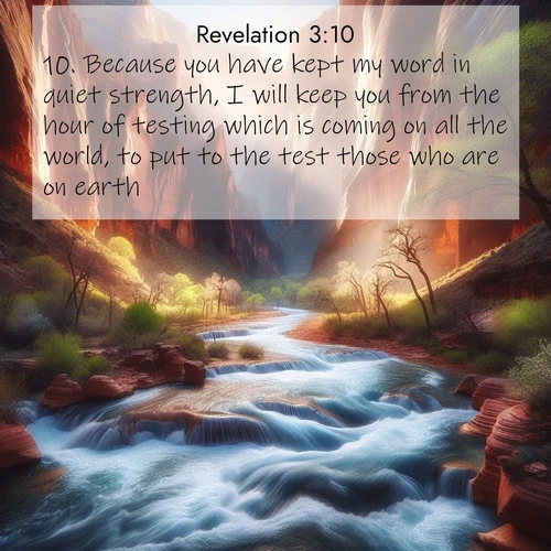 BasicEnglish Book of Revelation  ; image nature: image with the bible verse :Because you have kept my word in quiet strength, I will keep you from the hour of testing which is coming on all the world, to put to the test those who are on earth. ; Discover Bible images adorned with spring landscapes, like tulip fields, cherry blossoms, and green hills. These bright scenes symbolize God&#039;s renewal and grace. Download verses like KJV Book of Revelation 3:10. Current verse is overlayed with the thematic nature scene : Spring floods transform a desert canyon into a rushing river. ; 3:10