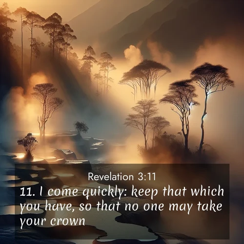 BasicEnglish Book of Revelation  ; image nature: image with the bible verse :I come quickly: keep that which you have, so that no one may take your crown. ; Admire Bible images evoking autumn, with warm colors of fallen leaves, harvested fields, and tranquil woods. These inspiring landscapes reflect the transition and beauty of God&#039;s creation. Download verses like KJV Book of Revelation 3:11. Current verse is overlayed with the thematic nature scene : Morning mist rises from thermal pools. Steam dragons dance in golden light. ; 3:11