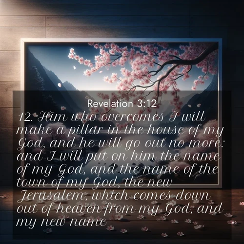 BasicEnglish Book of Revelation  ; image nature: image with the bible verse :Him who overcomes I will make a pillar in the house of my God, and he will go out no more: and I will put on him the name of my God, and the name of the town of my God, the new Jerusalem, which comes down out of heaven from my God, and my new name. ; Explore Bible verse images highlighting the beauty of spring, with vibrant flowers, butterflies, and blossoming fruit trees. These scenes evoke divine hope and renewal. Download inspiring verses like KJV Book of Revelation 3:12. Current verse is overlayed with the thematic nature scene : Cherry blossoms swirl in a spring breeze. Their petals dust the surface of a still mountain pond. ; 3:12