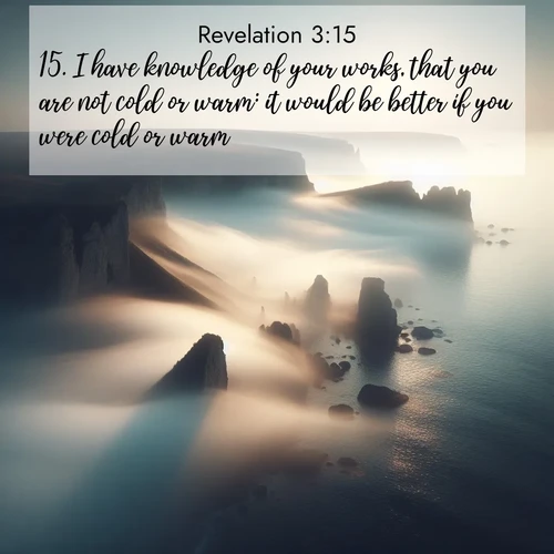 BBE Book of Revelation 3:15 overlaying nature image scene: Coastal fog reveals and conceals seaside cliffs.;15. I have knowledge of your works, that you are not cold or warm: it would be better if you were cold or warm.