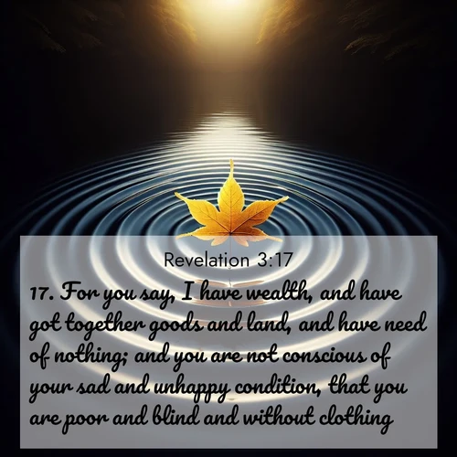 BBE Book of Revelation 3:17 overlaying nature image scene: A single maple leaf floats on black water. Concentric ripples spread outward into infinity.;17. For you say, I have wealth, and have got together goods and land, and have need of nothing; and you are not conscious of your sad and unhappy condition, that you are poor and blind and without clothing.