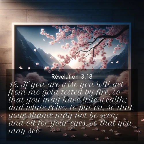 BBE Book of Revelation 3:18 overlaying nature image scene: Cherry blossoms swirl in a spring breeze. Their petals dust the surface of a still mountain pond.;18. If you are wise you will get from me gold tested by fire, so that you may have true wealth; and white robes to put on, so that your shame may not be seen; and oil for your eyes, so that you may see.