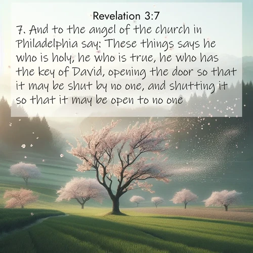 BBE Book of Revelation 3:7 overlaying nature image scene: Spring winds scatter cherry blossoms like snow.;7. And to the angel of the church in Philadelphia say: These things says he who is holy, he who is true, he who has the key of David, opening the door so that it may be shut by no one, and shutting it so that it may be open to no one.