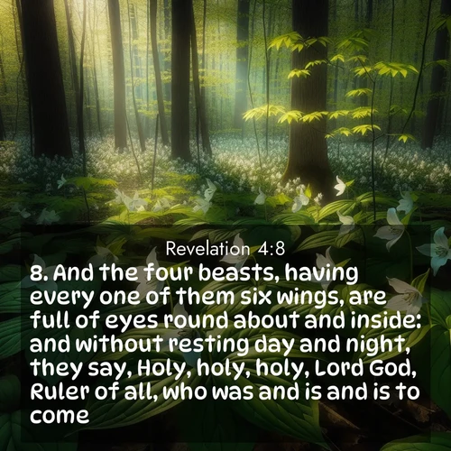 BasicEnglish Book of Revelation  ; image nature: image with the bible verse :And the four beasts, having every one of them six wings, are full of eyes round about and inside: and without resting day and night, they say, Holy, holy, holy, Lord God, Ruler of all, who was and is and is to come. ; Explore a gallery of beautiful Bible verse images with tranquil natural settings—perfect for phone backgrounds or inspirational posts. Download your favorite verses like KJV Book of Revelation 4:8 today. Current verse is overlayed with the thematic nature scene : Wild trillium carpets the forest floor. Sunlight filters green through new spring leaves. ; 4:8