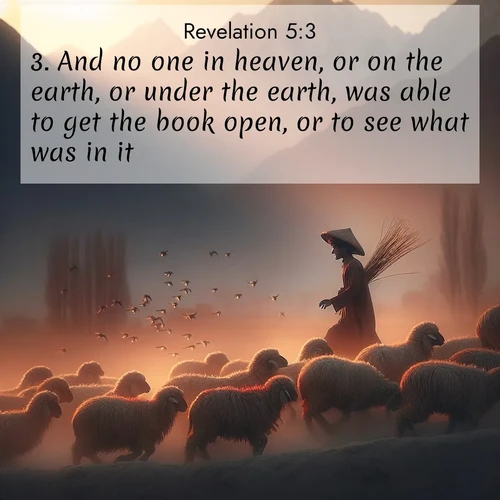 BBE Book of Revelation 5:3 overlaying nature image scene: A shepherd guides his flock home. Sunset paints wool golden red.;3. And no one in heaven, or on the earth, or under the earth, was able to get the book open, or to see what was in it.