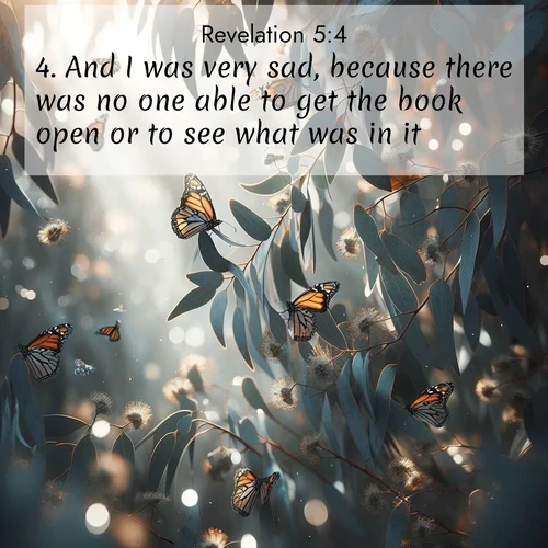 BBE Book of Revelation 5:4 overlaying nature image scene: Monarch butterflies cluster on eucalyptus branches in winter sun.;4. And I was very sad, because there was no one able to get the book open or to see what was in it.