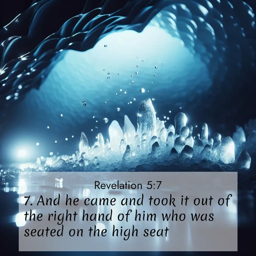 BBE Book of Revelation 5:7 overlaying nature image scene: Ice caves glow with ethereal blue light. Water drops create crystalline music.;7. And he came and took it out of the right hand of him who was seated on the high seat.