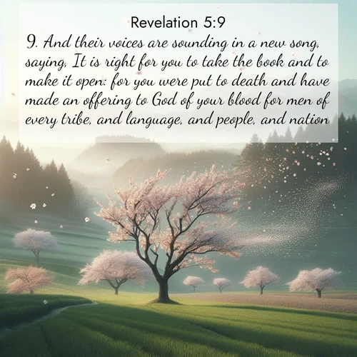 BBE Book of Revelation 5:9 overlaying nature image scene: Spring winds scatter cherry blossoms like snow.;9. And their voices are sounding in a new song, saying, It is right for you to take the book and to make it open: for you were put to death and have made an offering to God of your blood for men of every tribe, and language, and people, and nation,