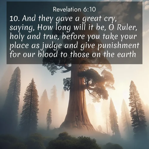 BasicEnglish Book of Revelation  ; image nature: image with the bible verse :And they gave a great cry, saying, How long will it be, O Ruler, holy and true, before you take your place as judge and give punishment for our blood to those on the earth? ; Browse a gallery of Bible verses paired with summer scenes, such as golden wheat fields, bright skies, and sunny beaches. These images convey the joy and warmth of God&#039;s creation. Download and share verses like KJV Book of Revelation 6:10. Current verse is overlayed with the thematic nature scene : A giant sequoia reaches through morning fog. Centuries of growth stretch skyward in silent majesty. ; 6:10