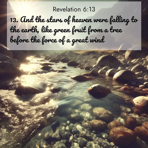 BasicEnglish Book of Revelation  ; image nature: image with the bible verse :And the stars of heaven were falling to the earth, like green fruit from a tree before the force of a great wind. ; Discover beautiful Bible verse images enriched with natural landscapes, from serene beaches to cascading waterfalls. All images are free and ready to download. Share verses such as KJV Book of Revelation 6:13. Current verse is overlayed with the thematic nature scene : Mountain streams sing ancient songs. Sunlight dances through clear pools. ; 6:13