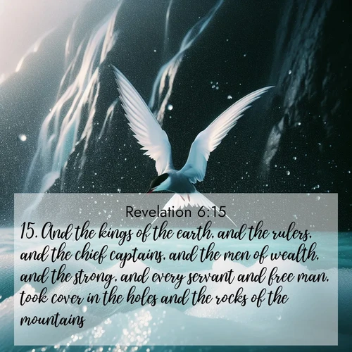 BasicEnglish Book of Revelation  ; image nature: image with the bible verse :And the kings of the earth, and the rulers, and the chief captains, and the men of wealth, and the strong, and every servant and free man, took cover in the holes and the rocks of the mountains; ; Admire Bible verse images featuring tranquil rivers, golden fields, and starry heavens. These free-to-download images make inspiring wallpapers or thoughtful gifts. Download KJV Book of Revelation 6:15 now. Current verse is overlayed with the thematic nature scene : Arctic terns dive through sea spray above turquoise glacial meltwater. Their white wings flash silver against obsidian cliffs. ; 6:15