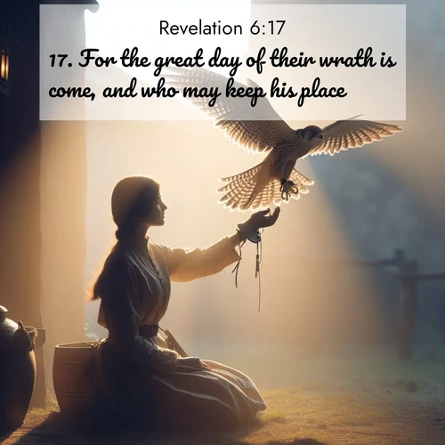 BasicEnglish Book of Revelation  ; image nature: image with the bible verse :For the great day of their wrath is come, and who may keep his place? ; Explore Bible verse images highlighting the beauty of spring, with vibrant flowers, butterflies, and blossoming fruit trees. These scenes evoke divine hope and renewal. Download inspiring verses like KJV Book of Revelation 6:17. Current verse is overlayed with the thematic nature scene : A falconer releases his bird. Wind lifts magnificent wings. ; 6:17