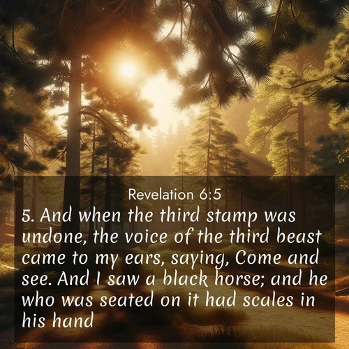 BasicEnglish Book of Revelation  ; image nature: image with the bible verse :And when the third stamp was undone, the voice of the third beast came to my ears, saying, Come and see. And I saw a black horse; and he who was seated on it had scales in his hand. ; Explore winter-themed Bible verse images illustrated by snowy mountains, frost-covered branches, and clear skies. These landscapes reflect divine purity and peace. Download verses like KJV Book of Revelation 6:5. Current verse is overlayed with the thematic nature scene : Summer heat brings out the scent of pine needles. ; 6:5