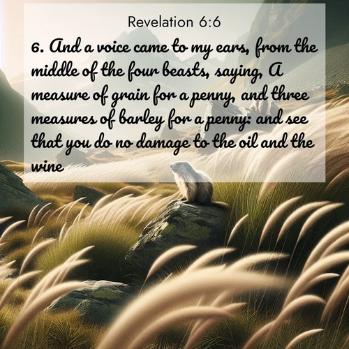 BasicEnglish Book of Revelation  ; image nature: image with the bible verse :And a voice came to my ears, from the middle of the four beasts, saying, A measure of grain for a penny, and three measures of barley for a penny: and see that you do no damage to the oil and the wine. ; Browse an inspiring gallery of Bible verse images with nature photos, such as blooming gardens, golden deserts, and shaded forests. The chosen images capture the peaceful and joyful essence of God&#039;s creation, with vibrant colors and harmonious fonts. Share verses like KJV Book of Revelation 6:6. Current verse is overlayed with the thematic nature scene : Mountain meadow grasses bend in alpine wind. Marmots whistle warnings from rocky outcrops. ; 6:6