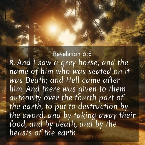BasicEnglish Book of Revelation  ; image nature: image with the bible verse :And I saw a grey horse, and the name of him who was seated on it was Death; and Hell came after him. And there was given to them authority over the fourth part of the earth, to put to destruction by the sword, and by taking away their food, and by death, and by the beasts of the earth. ; Download stunning Bible verse images paired with nature scenes like rolling clouds, sparkling waters, and vibrant flower fields. These free images are perfect for spiritual reflection or wallpaper use. Share KJV Book of Revelation 6:8. Current verse is overlayed with the thematic nature scene : Summer heat brings out the scent of pine needles. ; 6:8