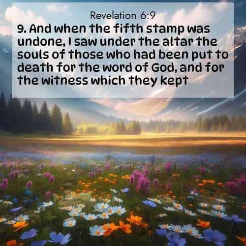 BasicEnglish Book of Revelation  ; image nature: image with the bible verse :And when the fifth stamp was undone, I saw under the altar the souls of those who had been put to death for the word of God, and for the witness which they kept. ; Admire Bible verse images featuring tranquil rivers, golden fields, and starry heavens. These free-to-download images make inspiring wallpapers or thoughtful gifts. Download KJV Book of Revelation 6:9 now. Current verse is overlayed with the thematic nature scene : Spring wildflowers carpet an alpine meadow beneath snow-capped peaks. ; 6:9