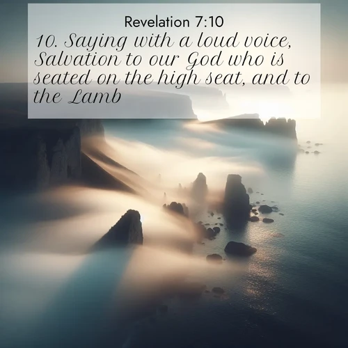 BasicEnglish Book of Revelation  ; image nature: image with the bible verse :Saying with a loud voice, Salvation to our God who is seated on the high seat, and to the Lamb. ; Discover our unique collection of Bible verse images integrated with photos showcasing the majesty of nature, such as rocky mountains, ancient trees, and crystal-clear lakes. These images feature luminous colors and text in varied fonts, reflecting the harmony of God&#039;s creation. Download verses like KJV Book of Revelation 7:10. Current verse is overlayed with the thematic nature scene : Coastal fog reveals and conceals seaside cliffs. ; 7:10