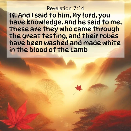 BasicEnglish Book of Revelation  ; image nature: image with the bible verse :And I said to him, My lord, you have knowledge. And he said to me, These are they who came through the great testing, and their robes have been washed and made white in the blood of the Lamb. ; Explore a collection of inspiring Bible verse images accompanied by winter photos, such as snowy landscapes, frosted trees, and frozen lakes. These images reflect the peace and purity of God&#039;s creation, with elegant fonts and luminous colors. Download and share verses like KJV Book of Revelation 7:14. Current verse is overlayed with the thematic nature scene : Autumn fog fills a mountain valley. A red maple leaf drifts through golden light. ; 7:14