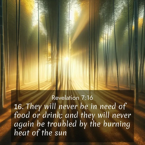 BasicEnglish Book of Revelation  ; image nature: image with the bible verse :They will never be in need of food or drink: and they will never again be troubled by the burning heat of the sun: ; Download high-resolution Bible verse images showcasing the beauty of God&#039;s creation—from radiant sunsets to tranquil rivers. Free for use as wallpapers or sharing verses like KJV Book of Revelation 7:16. Current verse is overlayed with the thematic nature scene : Morning mist parts to reveal a pristine bamboo grove. Golden light filters through the stems, casting striped shadows. ; 7:16
