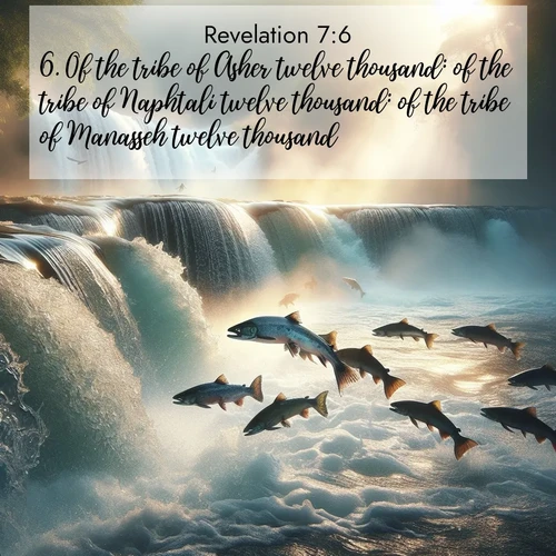 BasicEnglish Book of Revelation  ; image nature: image with the bible verse :Of the tribe of Asher twelve thousand: of the tribe of Naphtali twelve thousand: of the tribe of Manasseh twelve thousand: ; Access a vast collection of Bible verse images illustrated with natural landscapes like calm rivers, blooming fields, and bright horizons. These images emphasize the serenity and splendor of God&#039;s creation, accompanied by aesthetic fonts and joyful colors. Download verses like KJV Book of Revelation 7:6 and share them. Current verse is overlayed with the thematic nature scene : Wild salmon leap ancient waterfalls. Mist rises like spirits in morning light. ; 7:6