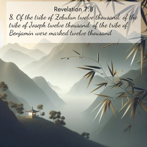 BasicEnglish Book of Revelation  ; image nature: image with the bible verse :Of the tribe of Zebulun twelve thousand: of the tribe of Joseph twelve thousand: of the tribe of Benjamin were marked twelve thousand. ; Discover Bible verse images capturing the warmth of summer, with beach landscapes, sunlit fields, and clear skies. These bright scenes reflect divine joy. Share verses like KJV Book of Revelation 7:8. Current verse is overlayed with the thematic nature scene : Bamboo leaves whisper secrets in mountain wind. A temple bell rings in the distance. ; 7:8