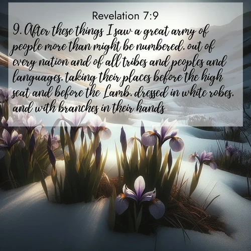 BasicEnglish Book of Revelation  ; image nature: image with the bible verse :After these things I saw a great army of people more than might be numbered, out of every nation and of all tribes and peoples and languages, taking their places before the high seat and before the Lamb, dressed in white robes, and with branches in their hands, ; Discover a unique collection of Bible verses adorned with winter landscapes, such as snow-covered forests, gently falling snowflakes, and pristine mountains. These images evoke the peace and purity of God&#039;s creation. Share verses like KJV Book of Revelation 7:9. Current verse is overlayed with the thematic nature scene : Wild irises pierce winter&#039;s last snow. Alpine light sets their petals ablaze. ; 7:9
