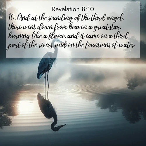 BasicEnglish Book of Revelation  ; image nature: image with the bible verse :And at the sounding of the third angel, there went down from heaven a great star, burning like a flame, and it came on a third part of the rivers, and on the fountains of water. ; Dive into our collection of Bible verse images combined with sublime nature photos, such as graceful waterfalls, radiant sunsets, and endless meadows. These compositions highlight the peace and harmony of God&#039;s creation with vivid colors and carefully integrated text. Download and share verses like KJV Book of Revelation 8:10. Current verse is overlayed with the thematic nature scene : A great blue heron stands motionless in morning fog. Ripples spread from its reflection. ; 8:10