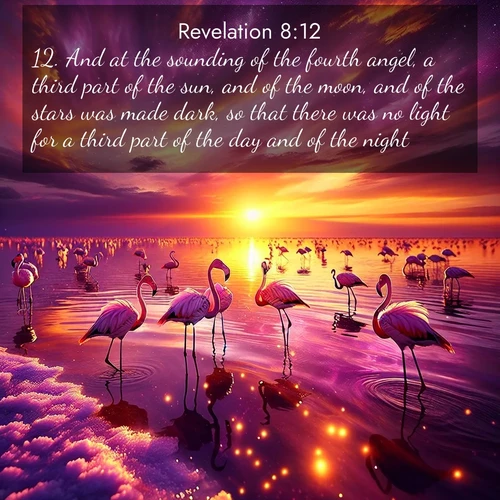 BasicEnglish Book of Revelation  ; image nature: image with the bible verse :And at the sounding of the fourth angel, a third part of the sun, and of the moon, and of the stars was made dark, so that there was no light for a third part of the day and of the night. ; Dive into our collection of Bible verses paired with breathtaking desert landscapes, featuring infinite dunes, shaded oases, and desert sunsets. These images highlight the majestic grandeur of God&#039;s creation. Download and share verses like KJV Book of Revelation 8:12. Current verse is overlayed with the thematic nature scene : Wild flamingos wade through salt lake shallows. Sunset turns the water to liquid gold. ; 8:12