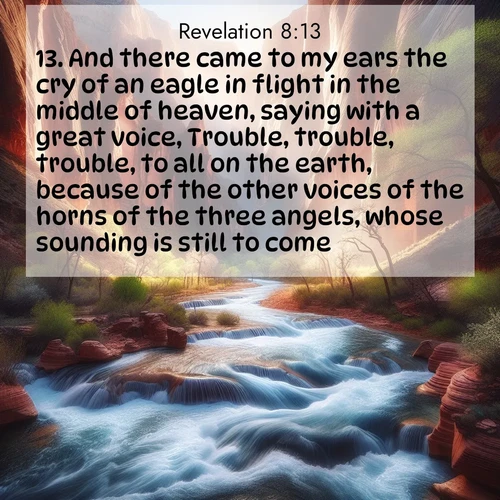 BasicEnglish Book of Revelation  ; image nature: image with the bible verse :And there came to my ears the cry of an eagle in flight in the middle of heaven, saying with a great voice, Trouble, trouble, trouble, to all on the earth, because of the other voices of the horns of the three angels, whose sounding is still to come. ; Discover Bible images capturing the splendor of deserts, with golden dunes, vast skies, and peaceful oases. These landscapes highlight the grandeur and serenity of God&#039;s creation. Share verses like KJV Book of Revelation 8:13. Current verse is overlayed with the thematic nature scene : Spring floods transform a desert canyon into a rushing river. ; 8:13