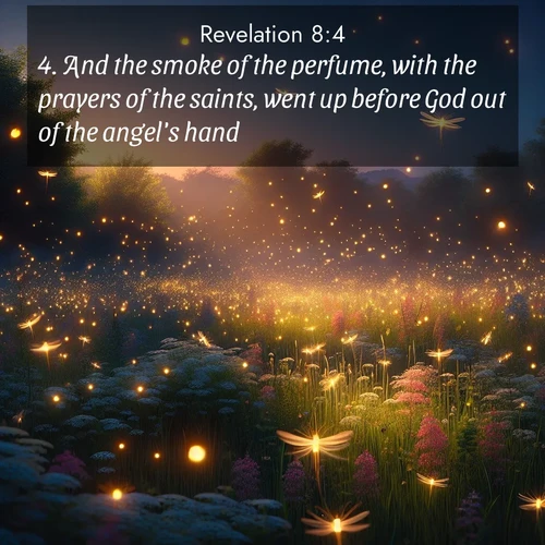 BasicEnglish Book of Revelation  ; image nature: image with the bible verse :And the smoke of the perfume, with the prayers of the saints, went up before God out of the angel&#039;s hand. ; Discover Bible verse images capturing the warmth of summer, with beach landscapes, sunlit fields, and clear skies. These bright scenes reflect divine joy. Share verses like KJV Book of Revelation 8:4. Current verse is overlayed with the thematic nature scene : Fireflies dance above a spring meadow filled with singing crickets. ; 8:4
