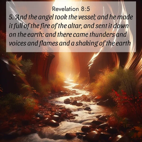 BasicEnglish Book of Revelation  ; image nature: image with the bible verse :And the angel took the vessel; and he made it full of the fire of the altar, and sent it down on the earth: and there came thunders and voices and flames and a shaking of the earth. ; Download Bible verse images paired with breathtaking nature photos like golden deserts, shimmering seas, and blossoming orchards. These high-quality, free images are perfect for wallpapers or sharing. Verses include KJV Book of Revelation 8:5. Current verse is overlayed with the thematic nature scene : Autumn rain creates temporary streams in slot canyons. ; 8:5