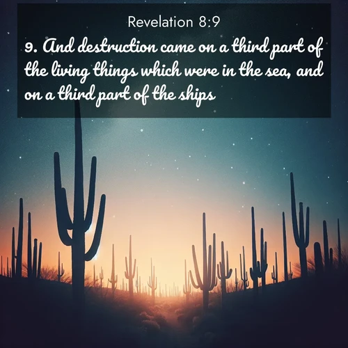 BasicEnglish Book of Revelation  ; image nature: image with the bible verse :And destruction came on a third part of the living things which were in the sea, and on a third part of the ships. ; Admire Bible verse images featuring tranquil rivers, golden fields, and starry heavens. These free-to-download images make inspiring wallpapers or thoughtful gifts. Download KJV Book of Revelation 8:9 now. Current verse is overlayed with the thematic nature scene : Desert stars shine brilliantly above towering saguaro silhouettes. ; 8:9