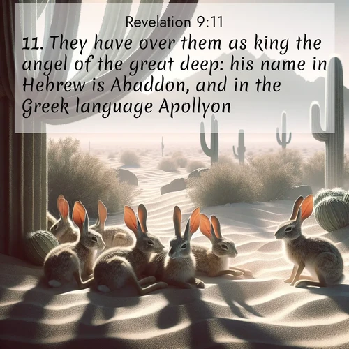 BBE Book of Revelation 9:11 overlaying nature image scene: Desert jackrabbits rest in cactus shade. Heat waves distort distant peaks.;11. They have over them as king the angel of the great deep: his name in Hebrew is Abaddon, and in the Greek language Apollyon.