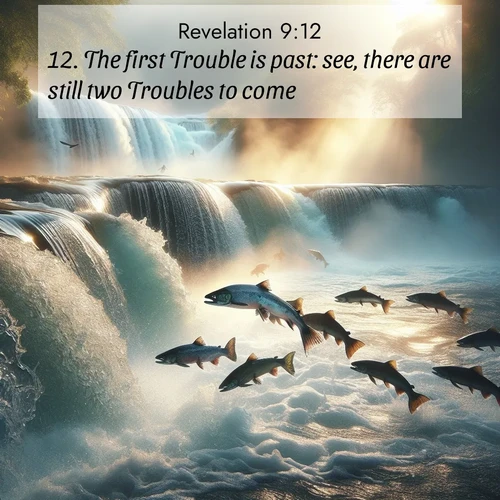 BBE Book of Revelation 9:12 overlaying nature image scene: Wild salmon leap ancient waterfalls. Mist rises like spirits in morning light.;12. The first Trouble is past: see, there are still two Troubles to come.