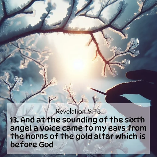 BBE Book of Revelation 9:13 overlaying nature image scene: Winter sunrise glows through ice-coated branches.;13. And at the sounding of the sixth angel a voice came to my ears from the horns of the gold altar which is before God,