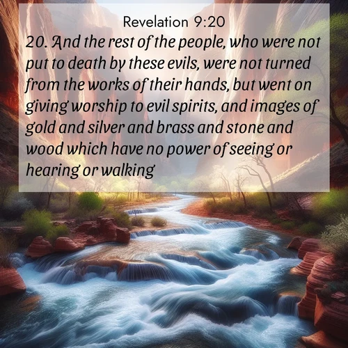 BBE Book of Revelation 9:20 overlaying nature image scene: Spring floods transform a desert canyon into a rushing river.;20. And the rest of the people, who were not put to death by these evils, were not turned from the works of their hands, but went on giving worship to evil spirits, and images of gold and silver and brass and stone and wood which have no power of seeing or hearing or walking: