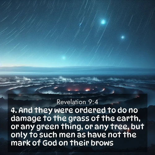 BBE Book of Revelation 9:4 overlaying nature image scene: Volcanic steam rises through a field of black lava. Stars wheel overhead in the thin air.;4. And they were ordered to do no damage to the grass of the earth, or any green thing, or any tree, but only to such men as have not the mark of God on their brows.