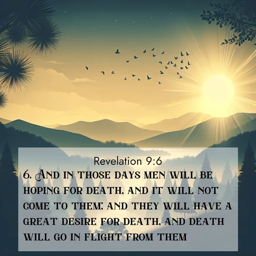 BBE Book of Revelation 9:6 overlaying nature image scene: Morning mist reveals hidden valleys. Birdsong heralds the dawn.;6. And in those days men will be hoping for death, and it will not come to them; and they will have a great desire for death, and death will go in flight from them.