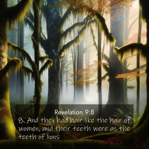 BBE Book of Revelation 9:8 overlaying nature image scene: Autumn fog shrouds an old-growth forest draped in moss and lichen.;8. And they had hair like the hair of women, and their teeth were as the teeth of lions.