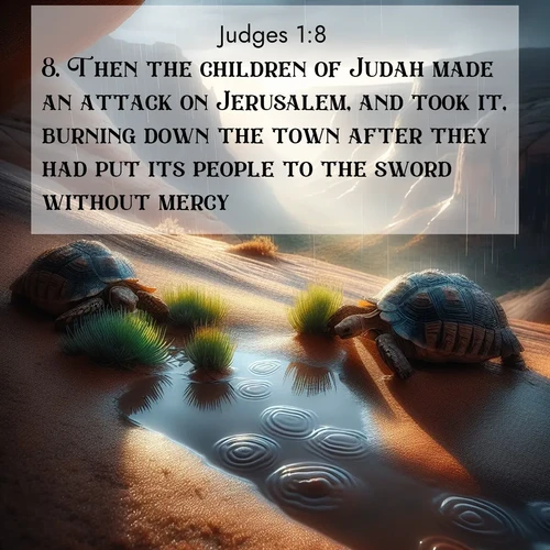 BasicEnglish Judges  ; image nature: image with the bible verse :Then the children of Judah made an attack on Jerusalem, and took it, burning down the town after they had put its people to the sword without mercy. ; Browse our collection of vibrant Bible verse images set against calming backdrops like tropical shores, quiet woods, and majestic mountains. Download free wallpapers featuring KJV Judges 1:8. Current verse is overlayed with the thematic nature scene : Desert tortoises emerge after summer rains. Thunder echoes through hidden canyons. ; 1:8