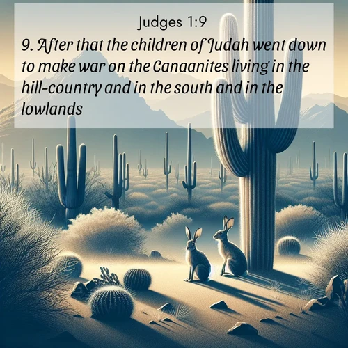 BasicEnglish Judges  ; image nature: image with the bible verse :After that the children of Judah went down to make war on the Canaanites living in the hill-country and in the south and in the lowlands. ; Explore a stunning collection of Bible verse images featuring picturesque scenery like sun-drenched meadows, tranquil lakes, and majestic forests. All images are free to download and share. Verses include KJV Judges 1:9. Current verse is overlayed with the thematic nature scene : Desert jackrabbits pause in saguaro shade. Heat waves distort distant peaks. ; 1:9