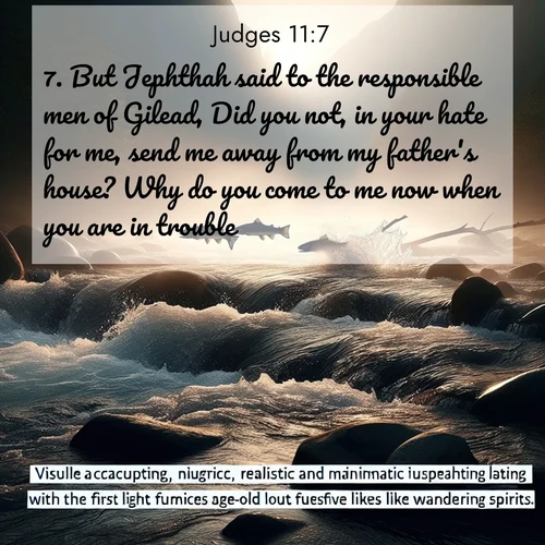 BBE Judges 11:7 overlaying nature image scene: Wild salmon leap ancient rapids. Mist rises like spirits at dawn.;7. But Jephthah said to the responsible men of Gilead, Did you not, in your hate for me, send me away from my father's house? Why do you come to me now when you are in trouble?
