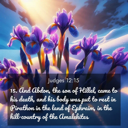 BasicEnglish Judges  ; image nature: image with the bible verse :And Abdon, the son of Hillel, came to his death, and his body was put to rest in Pirathon in the land of Ephraim, in the hill-country of the Amalekites. ; Admire Bible verse images illustrated by summer photos, such as sunny beaches, sparkling waves, and swaying palm trees. These bright scenes highlight the joy and warmth of God&#039;s creation. Download and share verses like KJV Judges 12:15. Current verse is overlayed with the thematic nature scene : Wild iris blooms pierce through melting snow. Alpine sunlight ignites their petals. ; 12:15