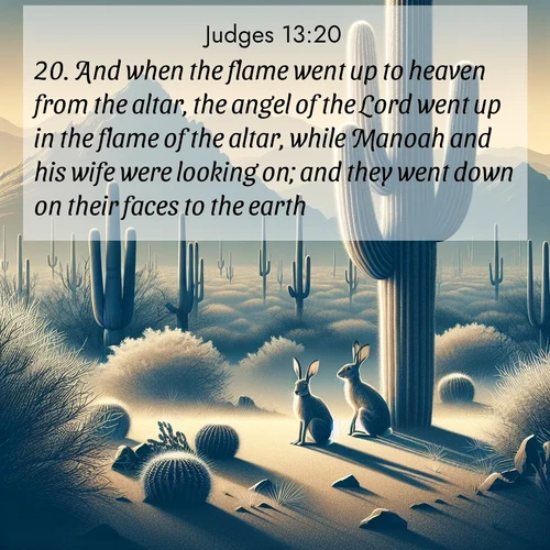BBE Judges 13:20 overlaying nature image scene: Desert jackrabbits pause in saguaro shade. Heat waves distort distant peaks.;20. And when the flame went up to heaven from the altar, the angel of the Lord went up in the flame of the altar, while Manoah and his wife were looking on; and they went down on their faces to the earth.