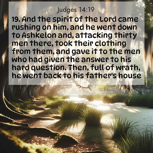 BBE Judges 14:19 overlaying nature image scene: Summer afternoon light filters through Spanish moss in a bayou.;19. And the spirit of the Lord came rushing on him, and he went down to Ashkelon and, attacking thirty men there, took their clothing from them, and gave it to the men who had given the answer to his hard question. Then, full of wrath, he went back to his father's house.