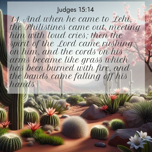 BBE Judges 15:14 overlaying nature image scene: Desert cacti burst with spring blooms against red sandstone formations.;14. And when he came to Lehi, the Philistines came out, meeting him with loud cries; then the spirit of the Lord came rushing on him, and the cords on his arms became like grass which has been burned with fire, and the bands came falling off his hands.
