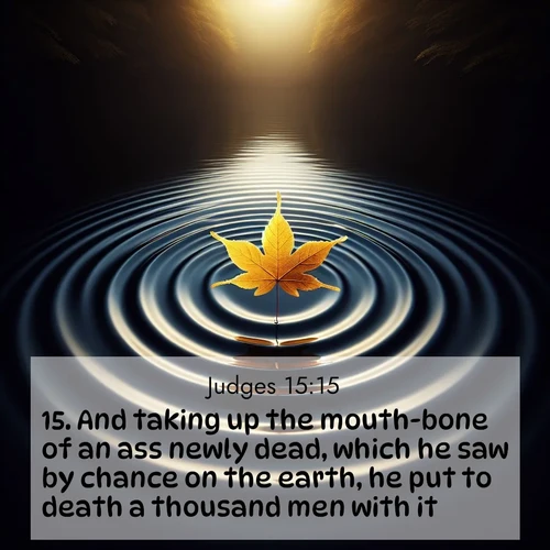 BBE Judges 15:15 overlaying nature image scene: A single maple leaf floats on black water. Concentric ripples spread outward into infinity.;15. And taking up the mouth-bone of an ass newly dead, which he saw by chance on the earth, he put to death a thousand men with it.
