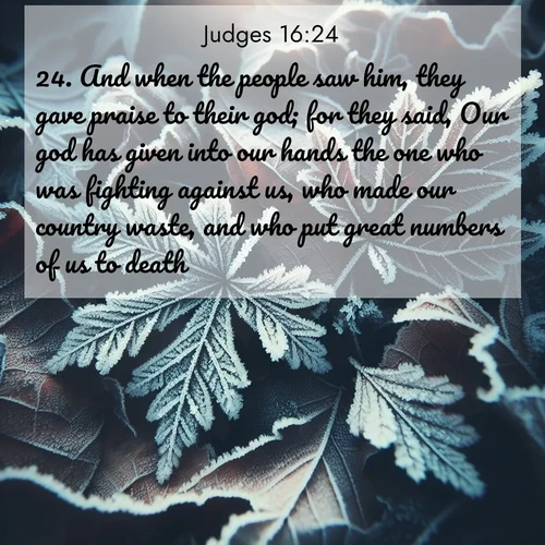 BBE Judges 16:24 overlaying nature image scene: Winter frost creates delicate patterns on fallen leaves.;24. And when the people saw him, they gave praise to their god; for they said, Our god has given into our hands the one who was fighting against us, who made our country waste, and who put great numbers of us to death.
