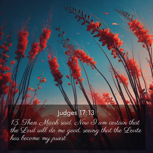 BasicEnglish Judges  ; image nature: image with the bible verse :Then Micah said, Now I am certain that the Lord will do me good, seeing that the Levite has become my priest. ; Discover our curated gallery of Bible verse images with breathtaking scenery, from tranquil deserts to lush green pastures. Perfect for phone wallpapers or sharing online. Download verses like KJV Judges 17:13. Current verse is overlayed with the thematic nature scene : Desert ocotillo flames against blue sky. Wind sings through its scarlet blooms. ; 17:13