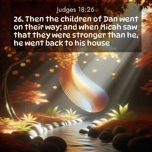 BBE Judges 18:26 overlaying nature image scene: Autumn leaves spiral through shafts of light. A hidden stream provides gentle music.;26. Then the children of Dan went on their way; and when Micah saw that they were stronger than he, he went back to his house.